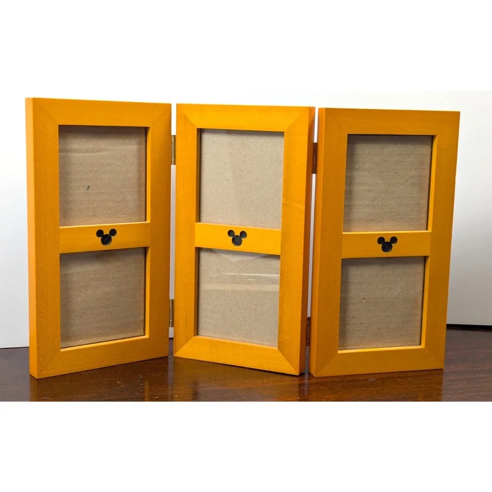 Disney Mickey Mouse Triple Folding Photo Frame Yellow Wood Disneyland Exclusive